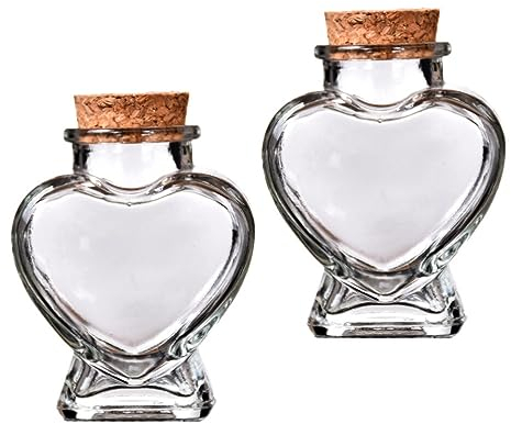 HOMSFOU Mini Glass Bottles with Cork Lids, 2pcs 50ml Heart Glass Jars Tiny Cork Wishing Bottles Mini Spell Jars Small Message Bottle for Wedding Party Shower Favors