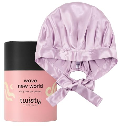 TWISTY Wave New World Cuffia di Seta per Capelli Ricci Rosa – Bonnet Seta Notte per Dormire, Protezione Ricci e Anti Crespo