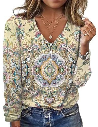 GRMLRPT Blusas de Mujer Casual Camiseta de Mujer Top Elegante de Manga Larga con Estampado Suave Ligero Cómodas Camisetas con Cuello en V para Otoño y Primavera(Amarillo,L)