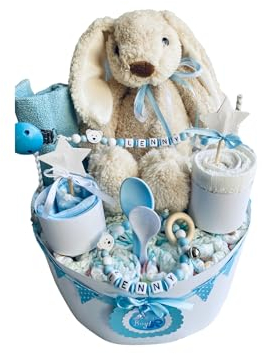 Windeltorte - Kuscheltiere - Geschenk, Babyparty, Geburt, Taufe, Babygeschenk (Blau)