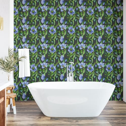 ABAKUHAUS Floral Papier peint autocollant pour la maison, Motif De Coquelicots À L'Aquarelle, Accent de salon et de cuisine auto-adhésif, 33 cm x 250 cm, Fern Vert Bleu persan