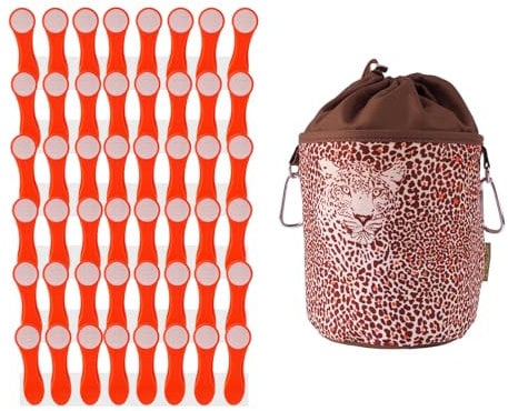 48 Wäscheklammern Wäscheclips mit Druckfedern aus Edelstahl und Soft Touch Orange Weiß und 1 bellaCott Wäscheklammerbeutel Leopard braun