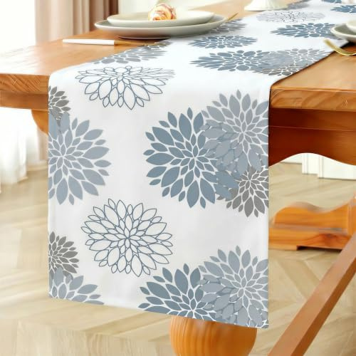 Vorysum Tischläufer Blumen Hellblau Dahlien Tischläufer Modern Wasserabweisend Leinen，Dekoration Tischdecke Outdoor Sommer Garten für Hochzeit Esszimmer Party Urlaub Dekor 40 x 140 cm