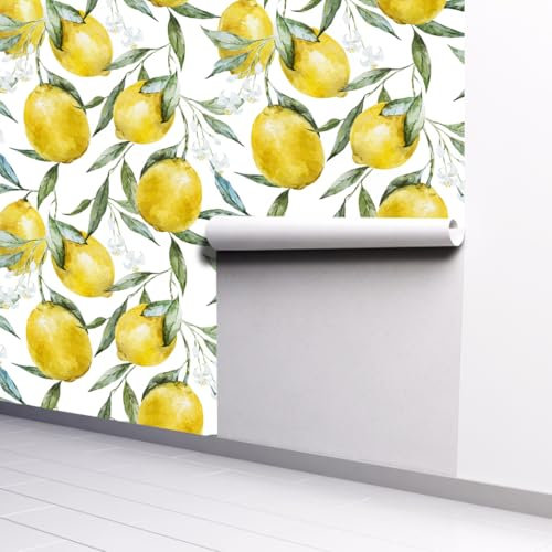 Papier Peint Fleurs De Citron Jaune Papier Peint Adhesif Mural Amovible Papier Adhesif pour Meuble Papier Peint Autocollant pour Chambre Salon Cuisine Décoratif Papiers Peints 1P (45x300cm)