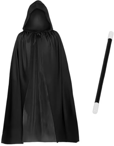 EHDWXVZM 1 Cape Noire, 1 Baguette Magique, Longue Cape À Capuche, Cape De Sorcier, Cape De Costume De Diable, Costume De Magicien, Cape d'halloween
