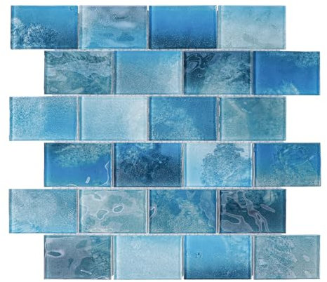 CASAPALACE Glass Mosaic Tiles Backsplash, 5-Sheet Subway Backsplash Glass Tiles for Kitchen Bathroom Swimming Pool Shower Wall (Aqua Blue, 4.71 SQ.FT)