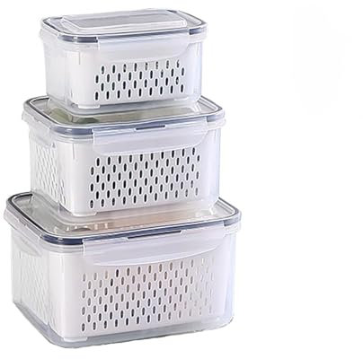 Kongming Kühlschrank Organizer Frischhalteboxen Set mit Deckel und Trennbar Sieb, 3 Stück Frischhaltedosen für Obst Gemüse Salat Beeren Eier Kartoffel Aufbewahrung(3,15L+1,7L+0,8L)