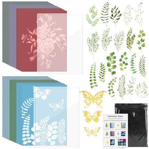 GUOSIYAO Cyanotypie Papier A5 Cyanotype kit 51 Stücke Sonnendruckpapier Kinder 24 Stücke Buntes Cyanotypie Hochempfindliches Sonnendruckpapier mit Acryltafel DIY Kunst Handwerk Papier