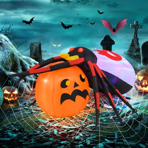 GOPLUS 150cm Lange Riesige Spinne Halloween aufblasbare Dekoration, Gruselspinne mit Kürbis, Halloween-Spinne Deko mit Discolicht für Halloweenparty Outdoor Dach Garten Hof Rasen