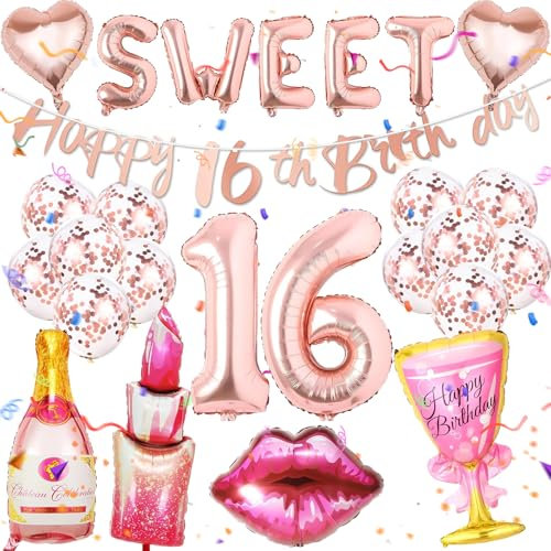 16 Geburtstag Deko Mädchen, Luftballon 16. Geburtstag Roségold, 16 er geburtstag Happy Birthday Banner Girlande, Zahlen Luftballon 16, Konfetti Luftballon, Geburtstag Party Deko
