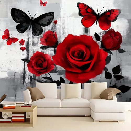 Fototapete Blumen Rosen Und Schmetterlinge motiv Wandbilder tapete 200 x 140 cm Moderne Design Rot Grau Vliestapete Wohnzimmer Schlafzimmer Büro Flur Wand Dekoration Wandtapete