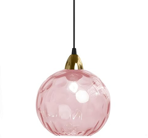 XIRYTU-H 20cm/7.9'' Lampada a Sospensione Sferica in Vetro Industriale D'epoca, Lampadario da Soffitto E27, Finitura Oro e Paralume in Vetro Ondulato, Plafoniera Per Sala da Pranzo (20cm, Rosa)