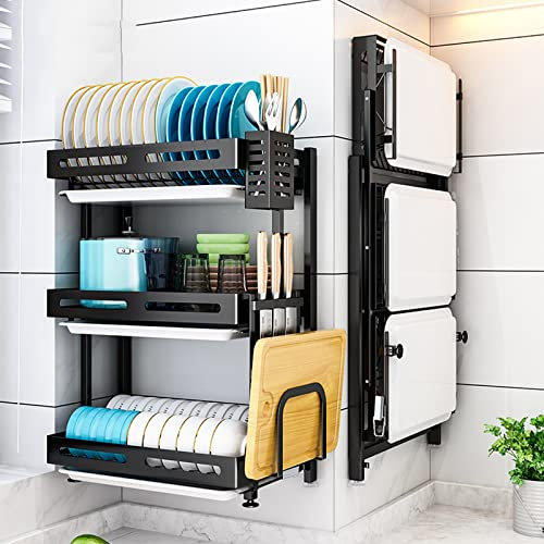 ZZHOPEN Escurridor de Platos de Acero Inoxidable montado en la Pared con Bandeja de Drenaje - Rejilla de Secado de 3 Niveles y Estante de Almacenamiento de Cocina - Diseño Plegable y Negro