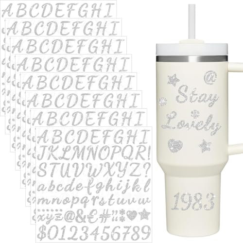 8 Sheets Glitter Letter Stickers for Stanley Cup, Alphabet Name Stickers for Water Bottles,Vinyl Waterproof Personalized Letter Number Name Logo Sticker for Stanley Tumbler Accessories(Silver)