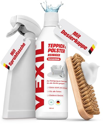 VEXIL Teppichreiniger & Polsterreiniger Konzentrat mit Bürste & Mischflasche - für Textilien wie Sofa, Matratzen & mehr geeignet - auch für Geräte wie Nasssauger geeignet - Made in Germany