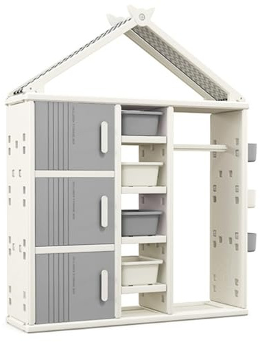 Maxmass Kids Dress up Storage, Children Wardrobe with Clothes Rail, 4 Storage Bins, Adjustable Shelves and Side Baskets, Kids Clothes Closet for Toddlers Bedroom Nursery (Grey)