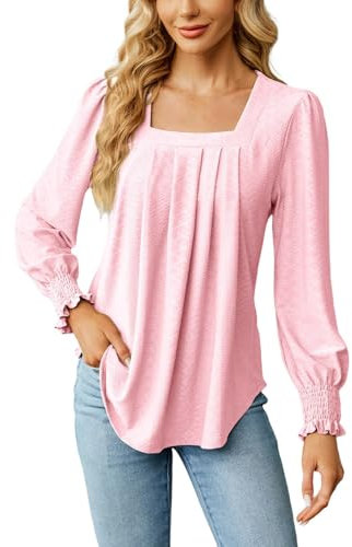 Generisch Camicie da donna a maniche lunghe, casual, scollo quadrato, top, tuniche eleganti da bagno, Rosa chiaro., M