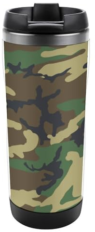 JZemdybill Thermobecher aus Edelstahl, 380 ml, mit Camouflage-Muster, Reisebecher mit auslaufsicherem Deckel, rutschfester Boden