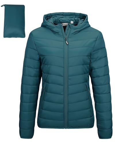 Outdoor Ventures Women's Winter Lightweight Puffer Jacket with Hood, Warm, Short, Packable, Quilted, Transitional, Padded Jacket for Ladies, Lined for Hiking, Travel Cyan M