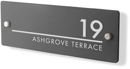 Personalised House Number Plaque 297mm x 100mm Grey Address House Sign Door Number Plate Contemporary Modern Printed Address Signage With Hidden Fixings Waterproof & Scratch-Resistant