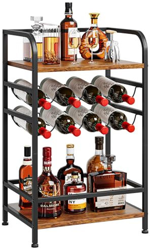 Dripex Wine Rack Free Standing Floor with Storage Shelves, 2-Tier 8 Bottles Wine Display Shelves with Wooden Table Top, Sturdy Metal Bottle Holder for Kitchen Bar Pantry (W43x D30x H75cm)