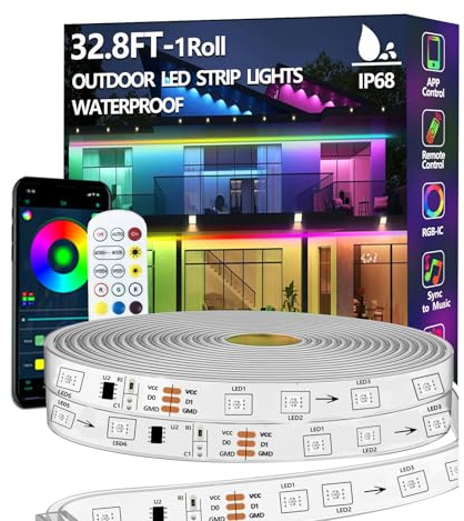 10m RGB+IC LED Streifen,Außenbereich IP68 Wasserdicht,Steuerung mit App/Fernbedienung,Bluetooth Musik Sync Seillicht für Balkone,errassen,Dächer,Gärten,Schwimmbäder
