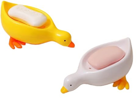 Süße Seifenschale in Entenform, selbstentleerender Seifenhalter für Badezimmer, Küche, Waschbecken, leicht zu reinigen und stilvoll, Gelb und Weiß, 2 Stück