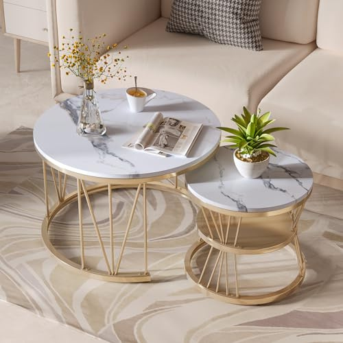 TIMORWTF Set mit 2 einsetzbaren Couchtischen, runder Couchtisch mit V-förmigem Metallrahmen, Couchtisch mit Marmoreffekt, modernes Design, weiß+gold