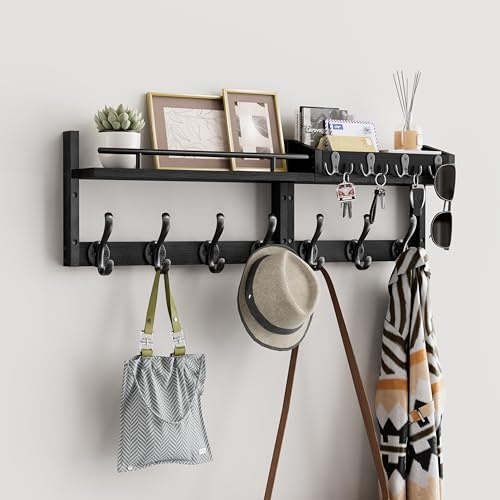 Segtenant 29 inch Coat Rack Wall Mount with Shelf, Heavy Duty Coat Hooks Wall Mount, Entryway Coat Hanger Wall Shelf with Key Holders and Mail Organizer for Living Room, Bedroom, Bathroom, Black