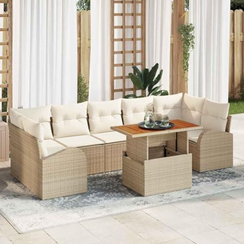 QJBSAVVA Gartensofa Set 8-TLG Beige Creme 100x55x73 cm Outdoor Lounge aus Polyrattan Akazienholz mit Stauraum Modernes Design für Balkon Terrasse Gartenmöbel klein für 8 Personen