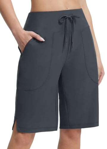 baleaf Pantaloncini da bagno da donna, 28 cm, bermuda, lunghi, con tasche, ad asciugatura rapida, con coulisse, slip bikini, Grigio scuro, M
