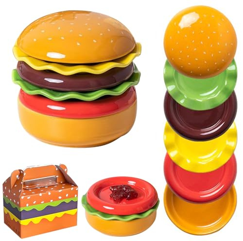2026 Ceramic Hamburger Plate Set, 6 in 1 Keramik Hamburger Tellerset, stapelbare Keramische Schalen & Teller Sets, Niedliche Burger Dessertteller, Snackschalen mit Deckel für Küche, Party Dekor