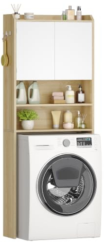Hzuaneri Mobile lavatrice,24 x 65 x 185cm,rip. regol.,Bianco-Rovere | 2 rip. apert., Mobile sopra lavatrice, Porta WC a doppio battente e ripiano regolabile, Stile moderno minimalista