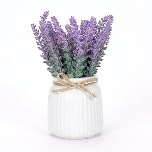 G.blümt Kunstpflanze Lavendel im weißen Topf, Künstliche Pflanze Keramiktopf, Fake Lavendel (Lila Lavendel/Runder Topf)