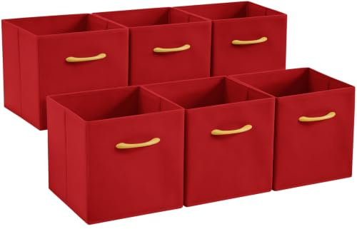 Collapsible Fabric Storage Cubes, Pack of 6 Foldable Boxes with Handles | Red 27 x 27 x 27 cm | Non-Woven Fabric | Open-Top Cube Shelf Baskets For Wardrobes, Toys, Clothes & Nursery