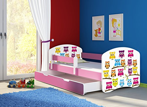 CLAMARO 'Fantasia Pink' 140 x 70 Kinderbett Set inkl. Matratze, Lattenrost und mit Bettkasten Schublade, mit verstellbarem Rausfallschutz und Kantenschutzleisten, Design: 31 Eulen