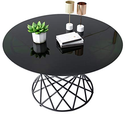 WXiaJ-Kaffetisch Schmiedeeisen-Couchtisch/kreativer Beistelltisch, Schwarze gehärtete Glasplatte, Tischgestell-hohler Entwurf, verwendet im modernen Hauptwohnzimmer, rund