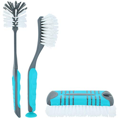 com-four® Cepillos para Lavar Platos y cepillos para Fregar de 3 Partes Juego - Cepillo para Platos con Ventosa - Cepillo Redondo para Platos
