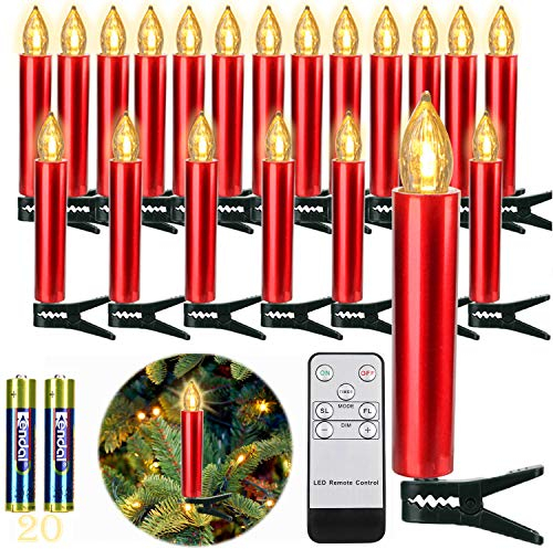 FREEPOWER 20er Rot LED Kerzen Weihnachtsbaum Lichterkette Kabellos mit Fernbedienung Timer Flackern Dimmbar Warmweiß Weihnachtskerzen Innen Außen Wasserdicht Weihnachtsbeleuchtung(mit 20 Batterien)