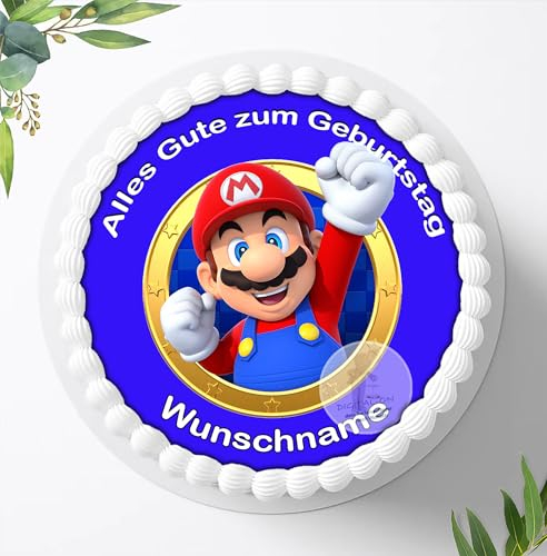 Für den Geburtstag ein Tortenbild mit oder ohne Wunschname, Zuckerbild mit dem Motiv: Mario Bros, Essbares Foto für Torten, Tortenaufleger Ø 20cm - Super Qualität, 4012d