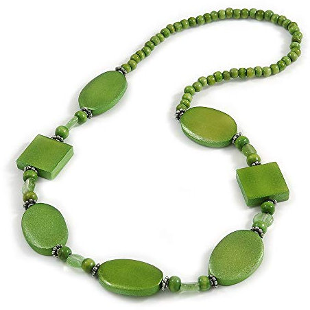 Avalaya Collana con perline di legno e vetro ovali, colore verde lime, lunghezza 64 cm, N05060