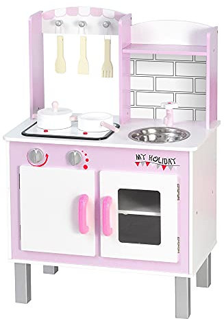 HOMCOM Cocinita de Juguete de Madera para Niños +3 Años 55x30x80 cm con Función de Sonido Armario Ganchos 5 Accesorios Incluidos Cocina Infantil Educativo Rosa