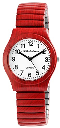 Adrina Damen-Uhr Edelstahl Zugarmband dunkelrot große Ziffern Länge 18 cm Durchmesser 34 mm Breite 18 mm Geschenke für Frauen
