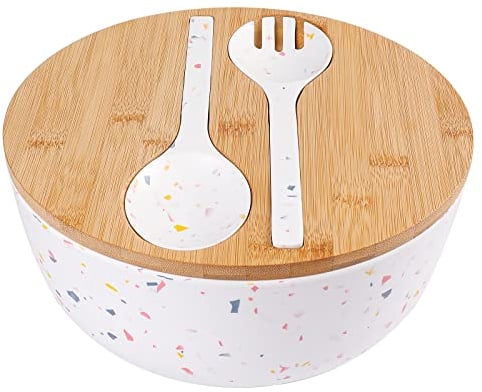 ECOWAY Melamine Salad Bowl Set with Natural Bamboo Lid, Bamboo Fiber Salad Serving Bowl with Utensils Spoon Fork for Salad, Soup, Vegetables, Pasta and Fruit, Dessert Bowls, 9.84 Inches