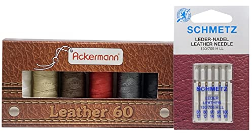 ZickZackNaehmaschine Ackermann Leather Nähgarnset Farben Mix Stärke 60, 6X 120m + Schmetz Leder-Nadel-Sortiment