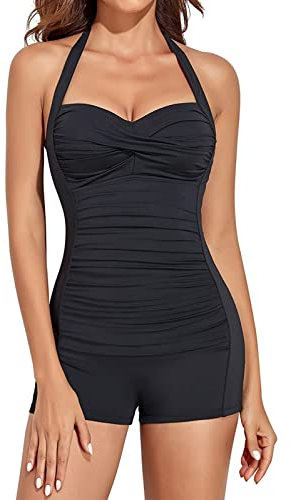 AmzBarley Womens Swimming Costumes 1-Piece Swimwear Tankini Bathing Suit Bikinis Halter Neck High Waist Tummy Control Ruched Boyleg Swimsuit Black M