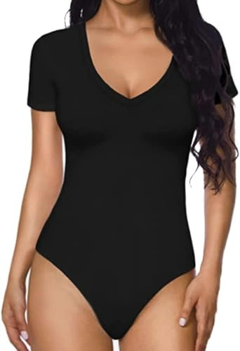 QKEPCY Body Manga Corta Mujer Escote V Bodysuit Elástico Moldeador Reductor Vientre Plano Top Ajustado Elegante Camiseta Monos Fit Jumpsuit Body Mujer Sexy