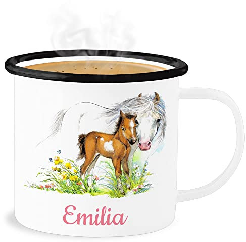 Emaille Becher Blechbecher - Pferd und Fohlen mit Name personalisiert I Geschenk Pferde Mädchen I Pferdeliebhaber - 300 ml - Weiß Schwarz - tasse pferden pferdemotiv