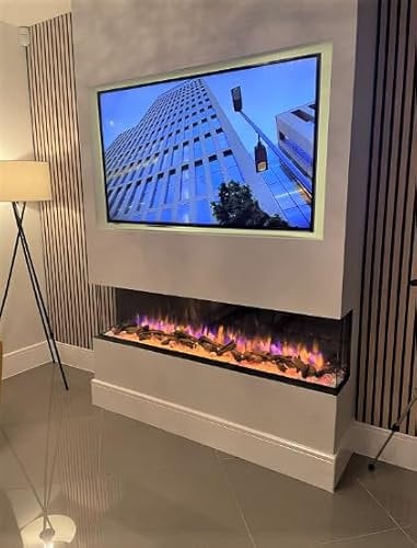 AuraHome 43/ 1080mm 3D Glass Front Media Wall Inset Electric Fireplace 1800w with 10 Multi Flame Colours Log & Crystal Set Full Screen 7 Colours Top Lighting, LED Temp Display, Weekly Timer, Remote