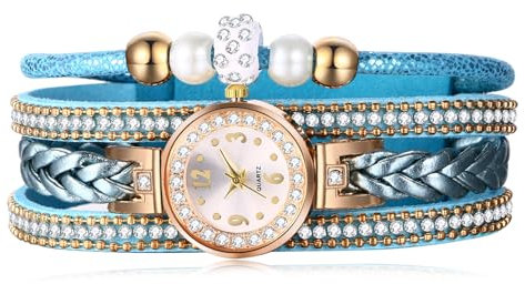 JewelryWe Uhren Damen Leder Vintage: Glitzer Strass Blau Mehrreihig Geflochten Lederarmband Armbanduhr Frauen Analog Quarz Uhr mit Kugel Perlenarmband Geschichtet Leder Armband Surferarmband